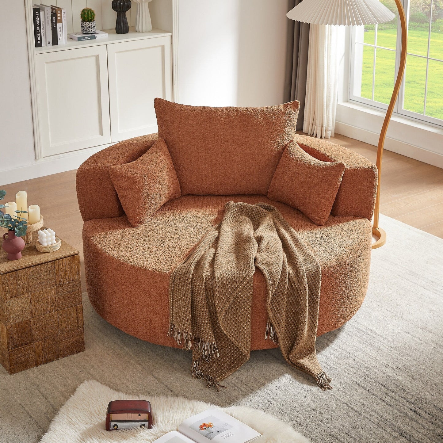 Fauteuil d'appoint en chenille, fauteuil rond avec base pivotante à 360 degrés et 3 coussins amovibles