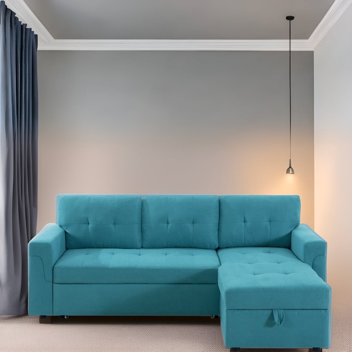 Canapé sectionnel convertible réversible avec lit gigogne, méridienne avec rangement dissimulé et pieds robustes