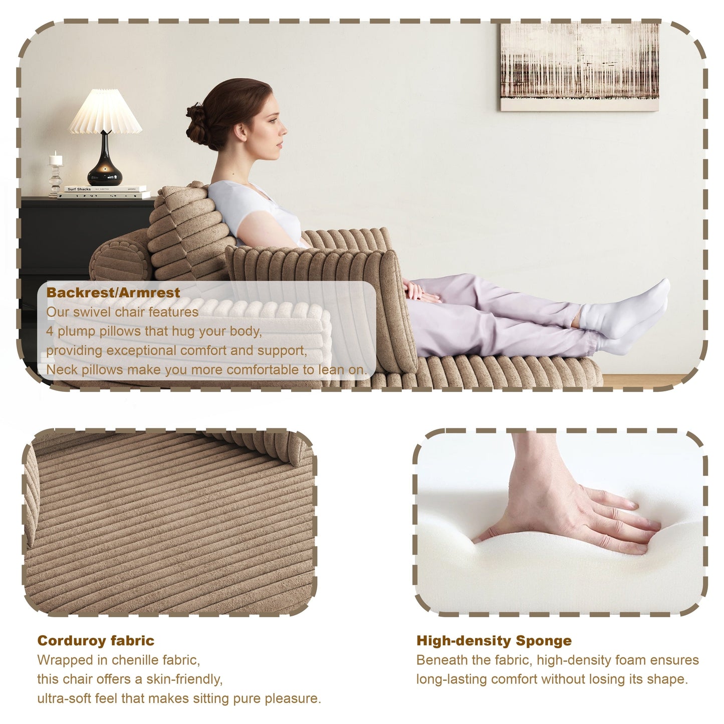 Chaise pivotante simple en velours côtelé et mousse chenille