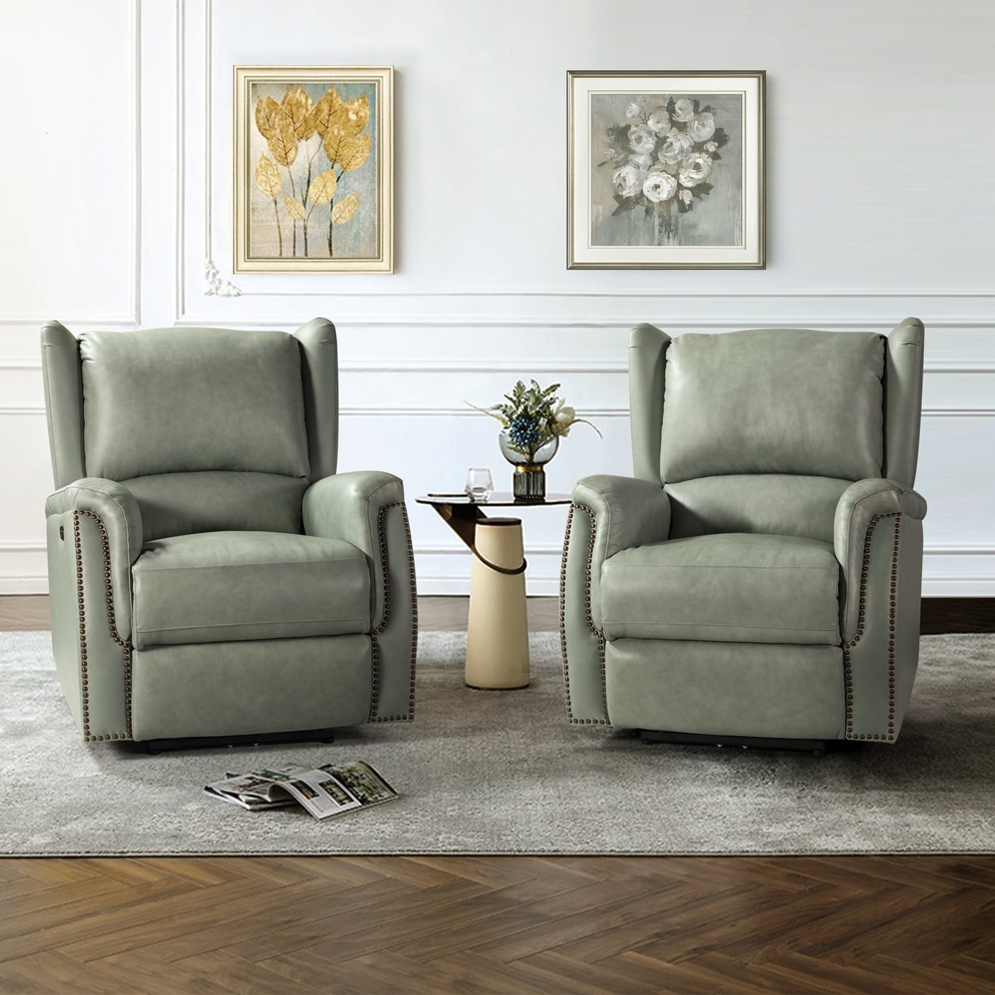 Fauteuil inclinable électrique en cuir véritable Eduardo avec port USB, lot de 2