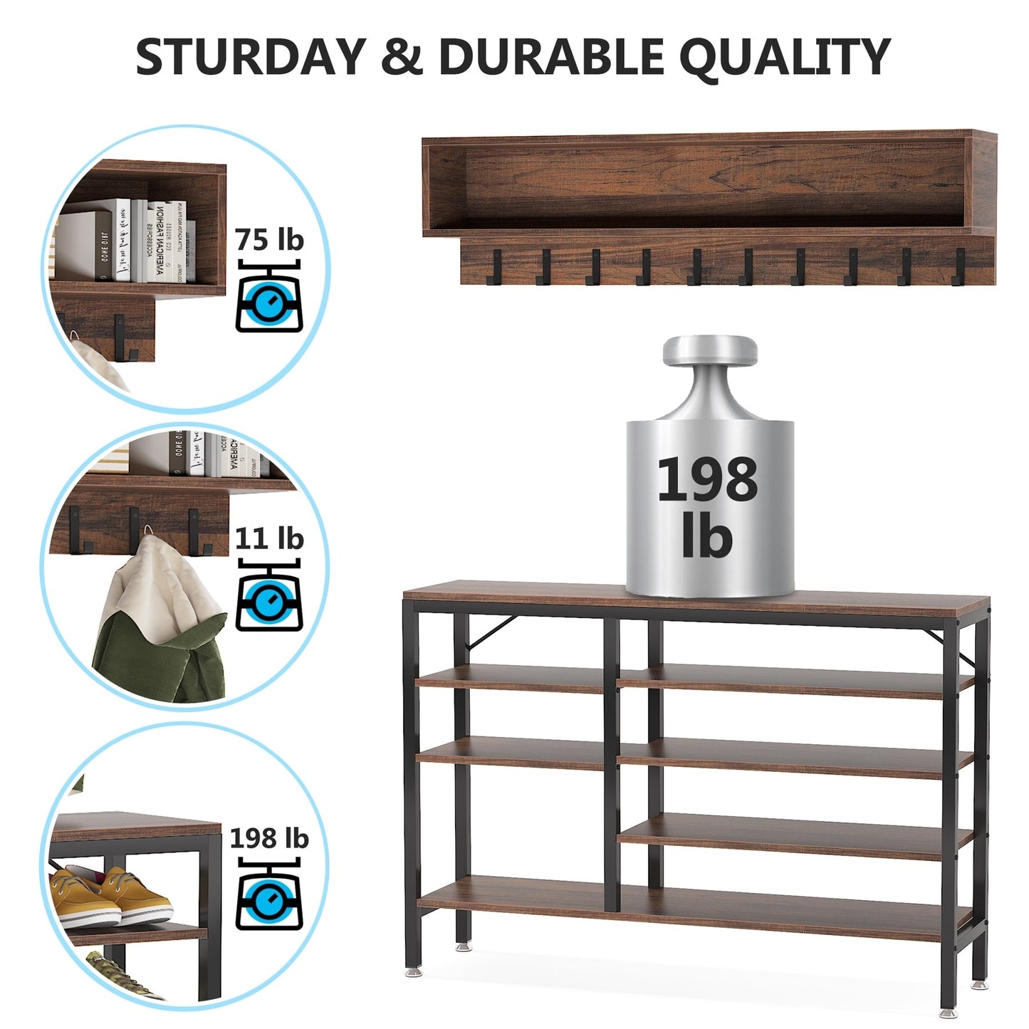 Ensemble de porte-manteaux et de bancs à chaussures pour entrée, porte-manteaux et porte-chaussures de style industriel