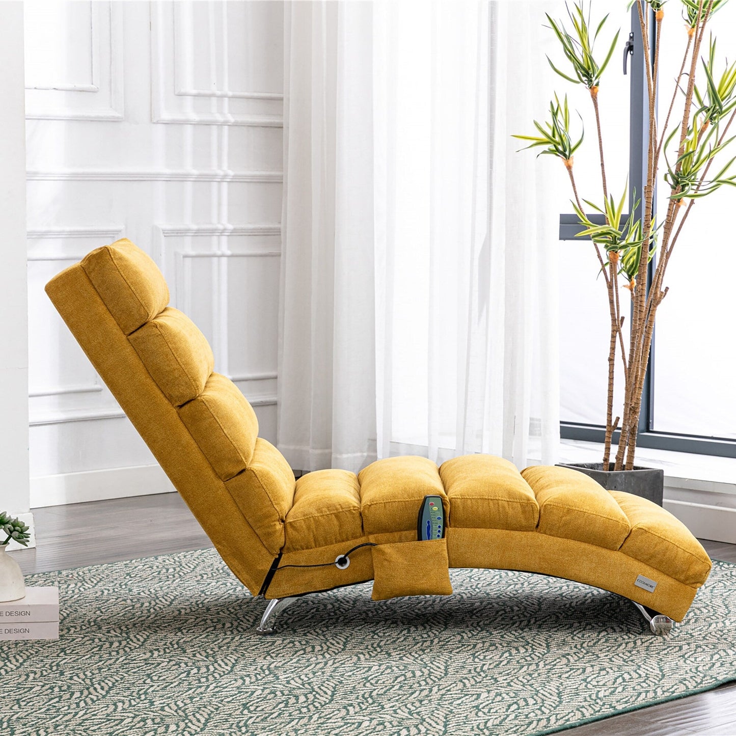 Chaise longue de massage ergonomique en lin, inclinable, capitonnée et rembourrée, avec télécommande et 5 modes de vibration