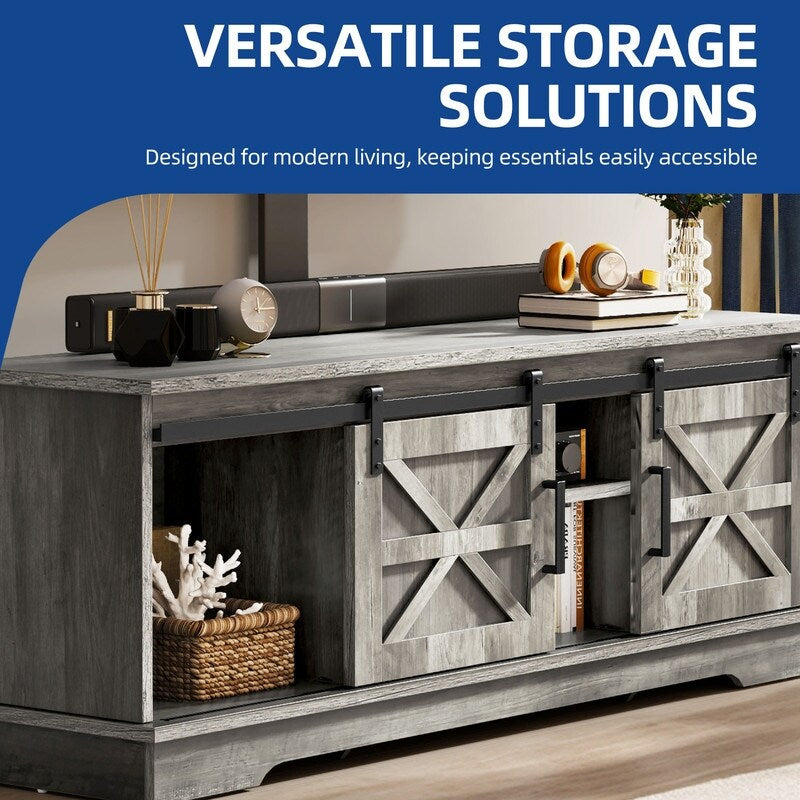 Meuble TV Farmhouse pouvant accueillir jusqu'à 65 téléviseurs avec portes et étagères ouvertes Console multimédia Prise de courant