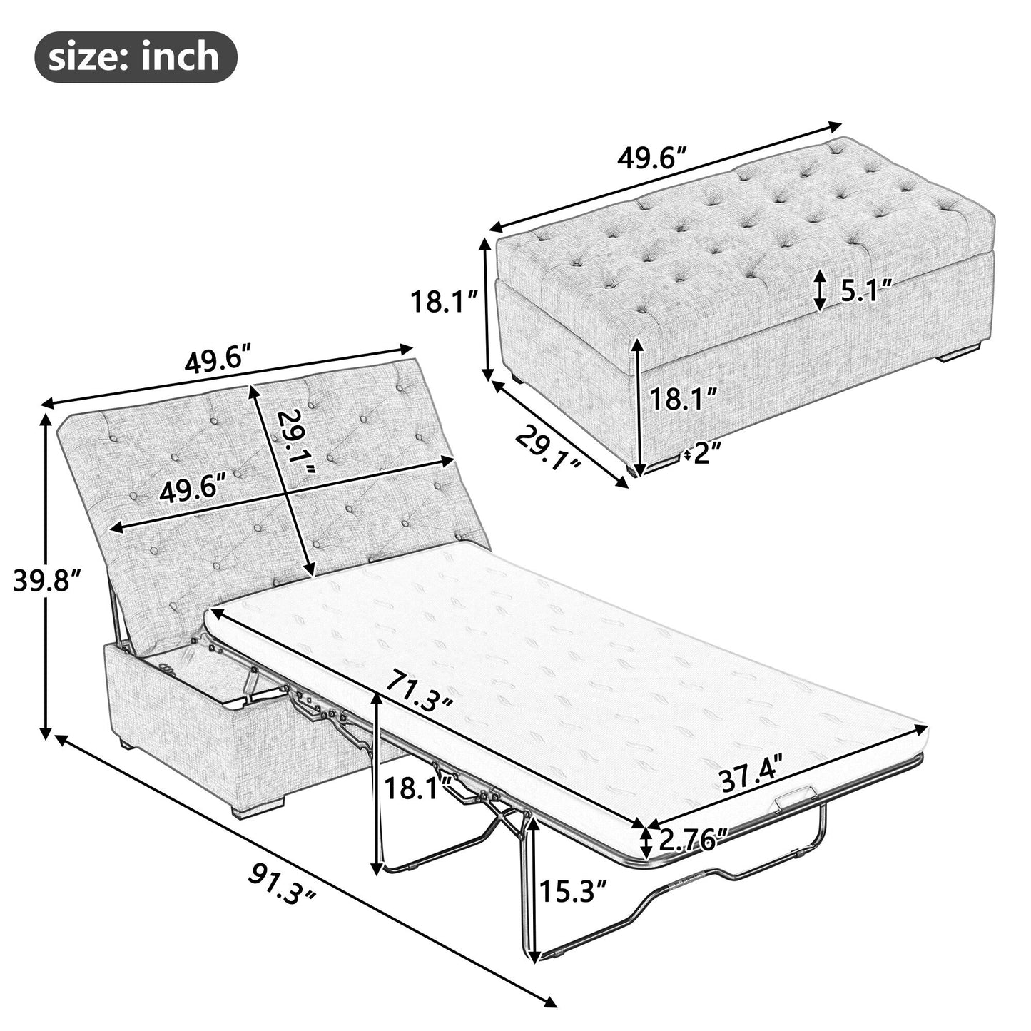 Canapé-lit pliant, ottoman de 49,6 pouces avec un canapé-lit pliant, canapé-lit ottoman convertible avec matelas à mémoire de forme et design capitonné