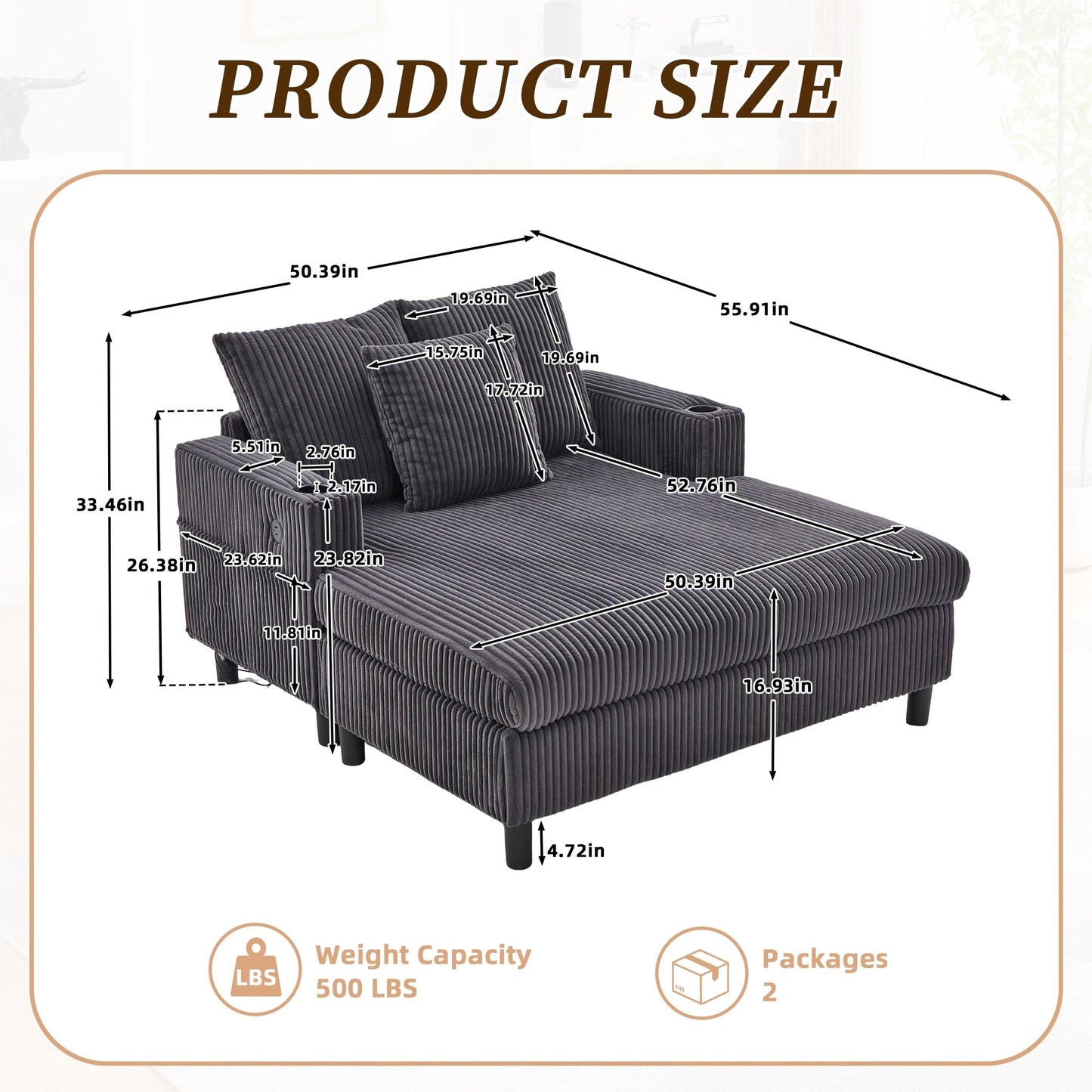 Canapé-lit inclinable surdimensionné HOMEFUN en velours côtelé avec éclairage LED RVB, porte-gobelet, port USB et 3 oreillers