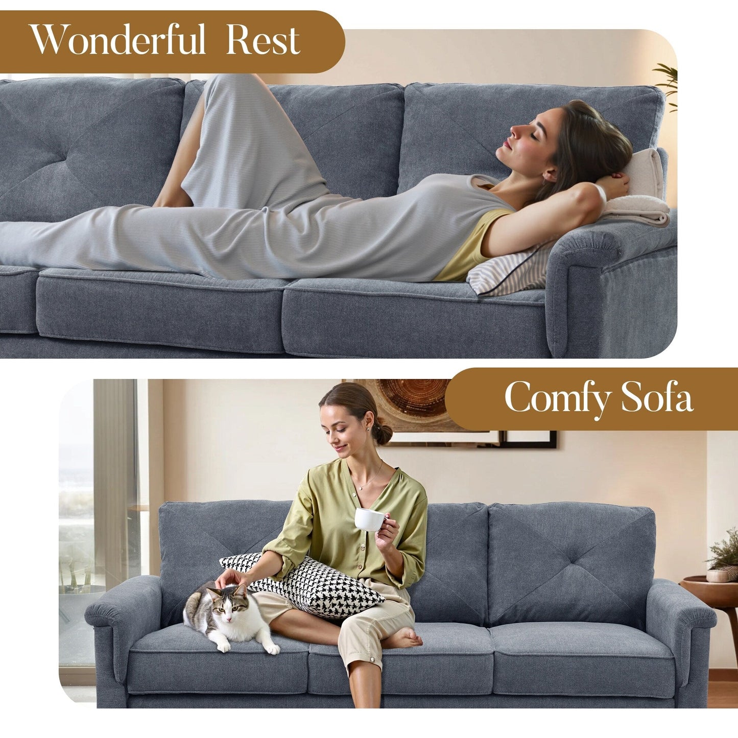 Canapé 3 places rembourré HOOOWOOO Mid-Century avec pieds en bois pour salon