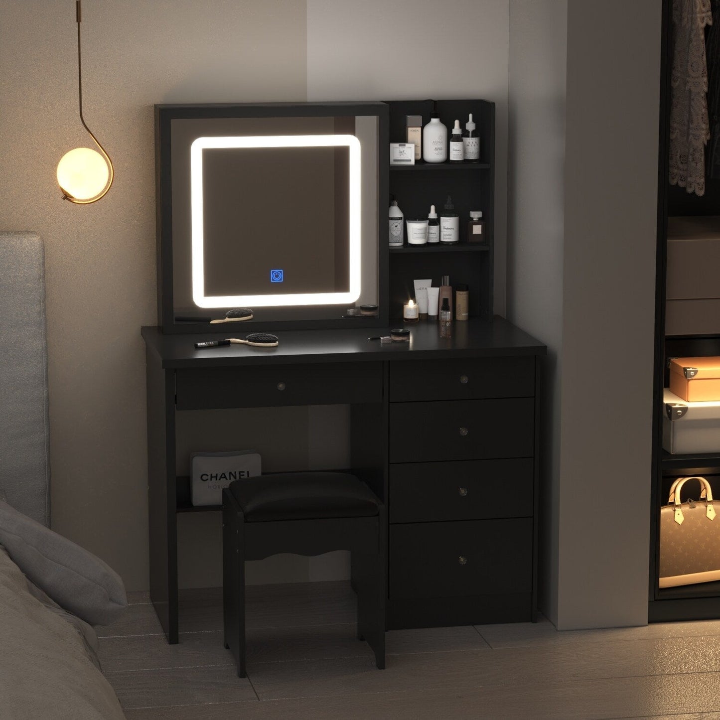 Ensemble de coiffeuse de maquillage de 39,4 po de large avec tabouret et miroir