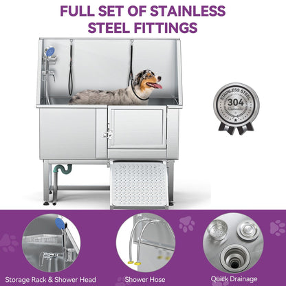 Baignoire de toilettage réglable en acier inoxydable de 50 po de largeur avec rampe - Argent