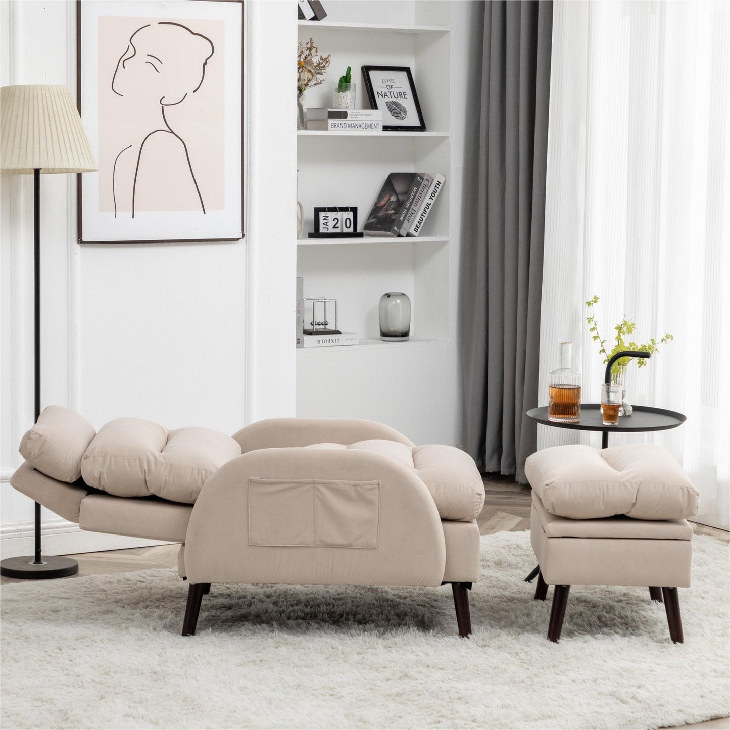 Fauteuil d'appoint HOMYKA avec dossier réglable et pouf de rangement