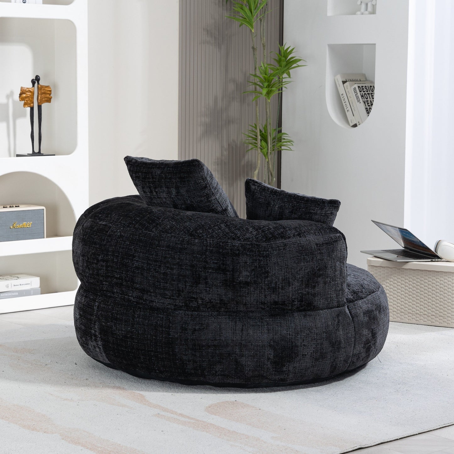 Canapé poire simple surdimensionné en chenille noir de 42,52 pouces avec trois oreillers pour chambre à coucher