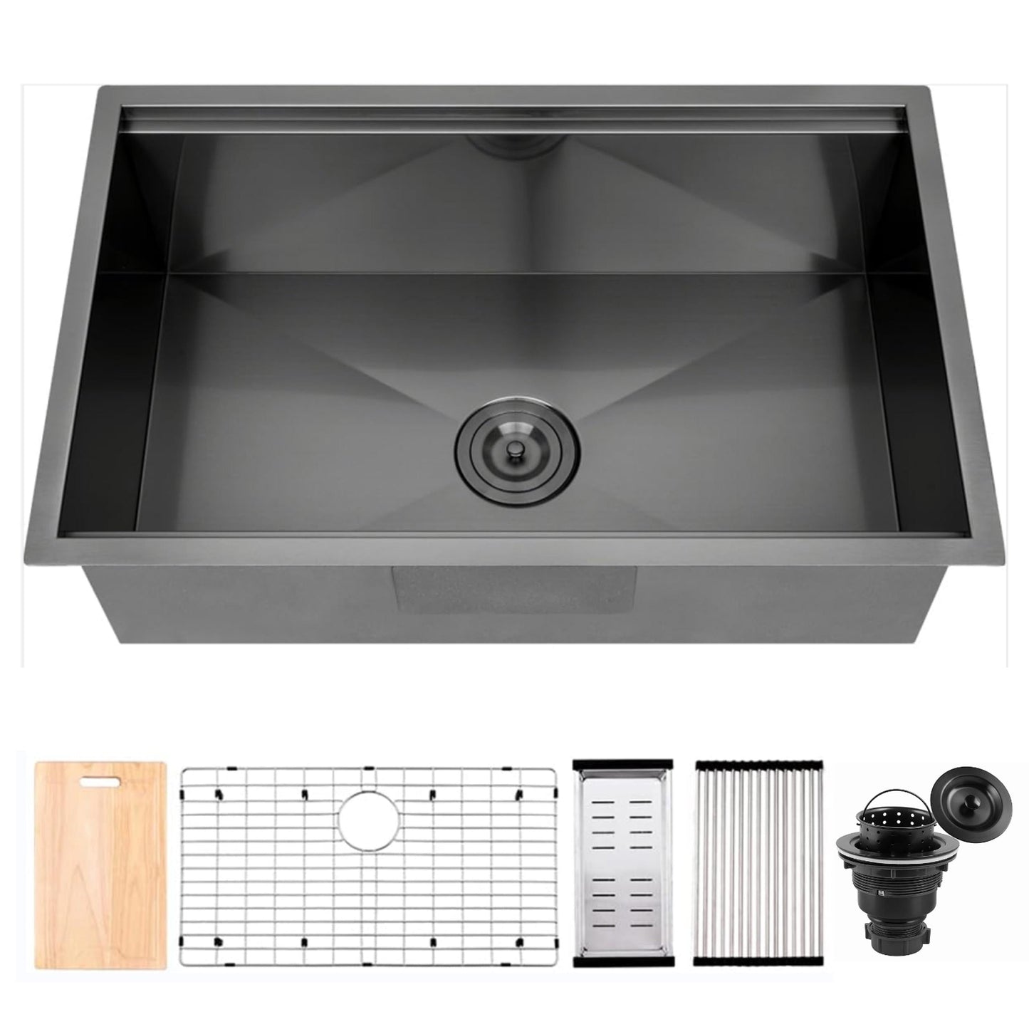Évier de cuisine sous plan CB HOME 32 po, encastrable, noir/acier inoxydable, cuve simple avec accessoires