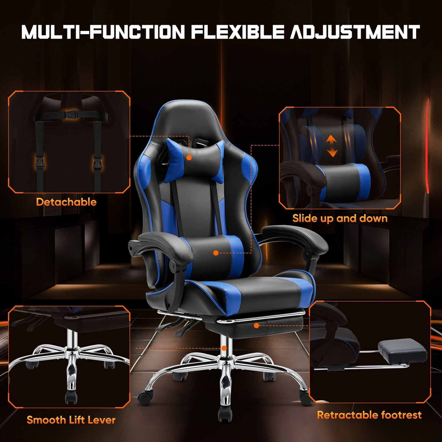 Fauteuil de jeu ergonomique pivotant à 360° en cuir PU avec repose-pieds, appui-tête, support lombaire et hauteur réglable