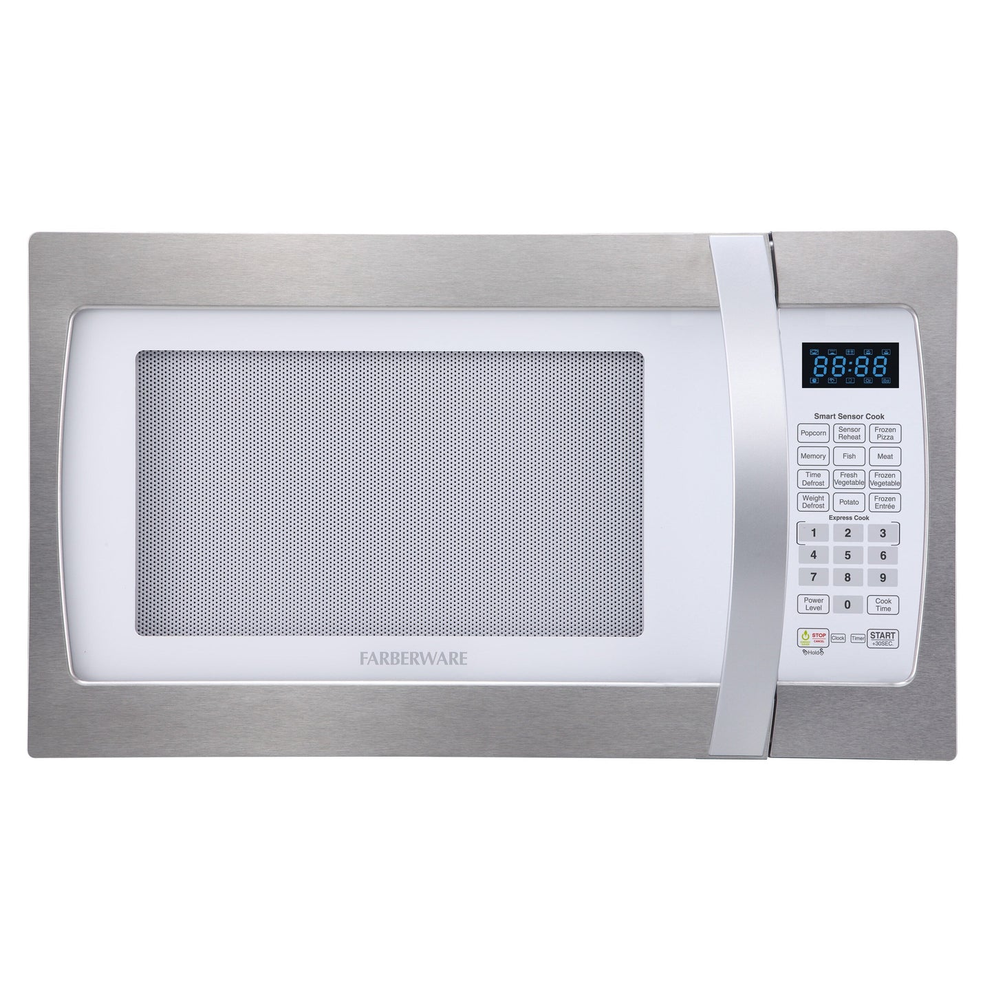 Four à micro-ondes Farberware Professional de 1,3 pi³ et 1 100 W avec cuisson par capteur intelligent, blanc et platine