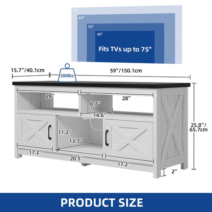 Meuble TV Farmhouse pouvant accueillir jusqu'à 65 téléviseurs avec portes et étagères ouvertes Console multimédia Prise de courant