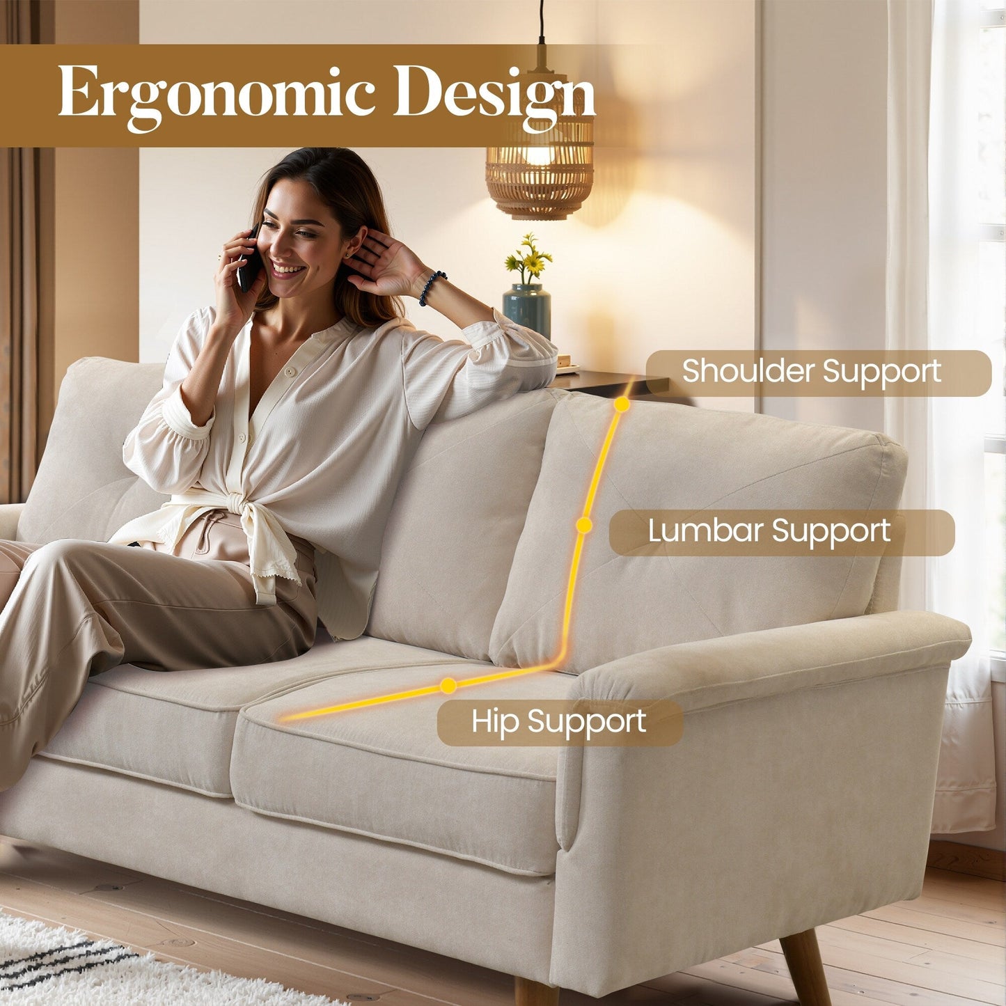 Canapé 3 places rembourré HOOOWOOO Mid-Century avec pieds en bois pour salon