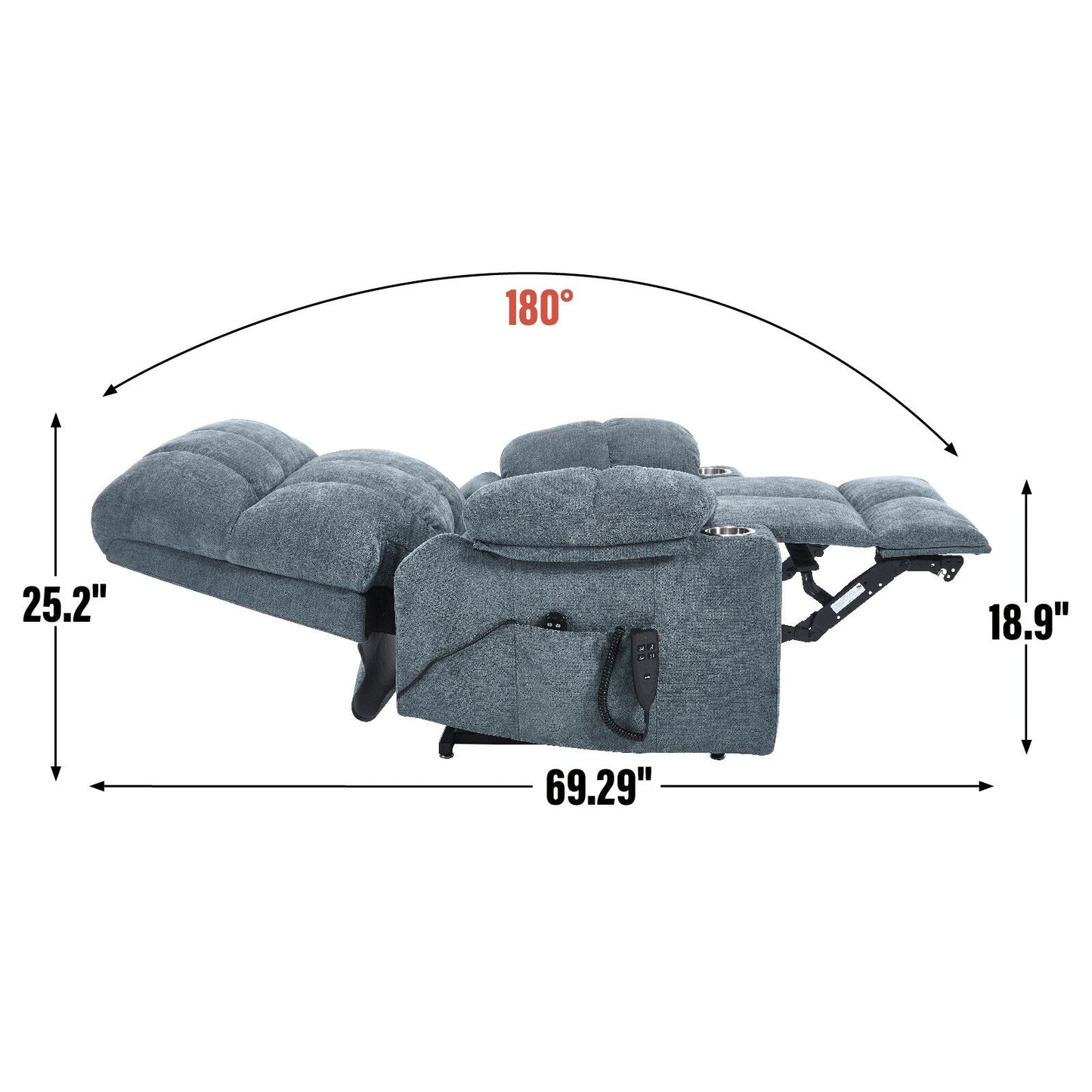 Fauteuil inclinable électrique Lazy Boy à double moteur en chenille avec massage et chauffage lombaire, deux porte-gobelets, gris-bleu