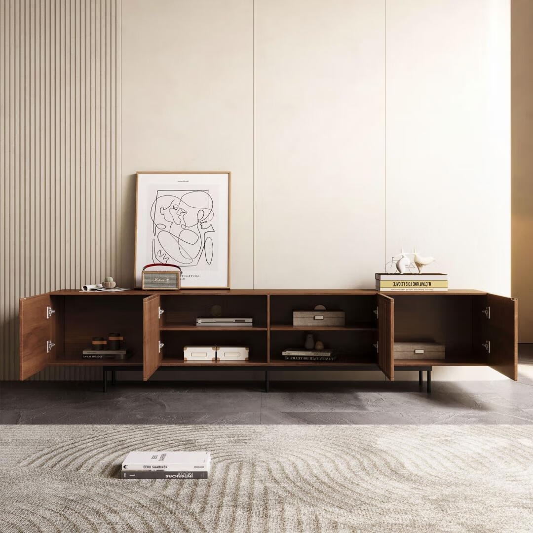 Meuble TV moderne du milieu du siècle avec 4 portes et rangements, compatible avec les téléviseurs jusqu'à 100 pouces, idéal pour le salon