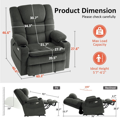 Fauteuil inclinable électrique à double moteur MCombo, grand format, avec massage et double chauffage, pour personnes âgées de grande taille, tissu R7635
