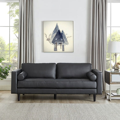 Canapé moderne en cuir véritable avec pieds en bois et coussin traversin supplémentaire