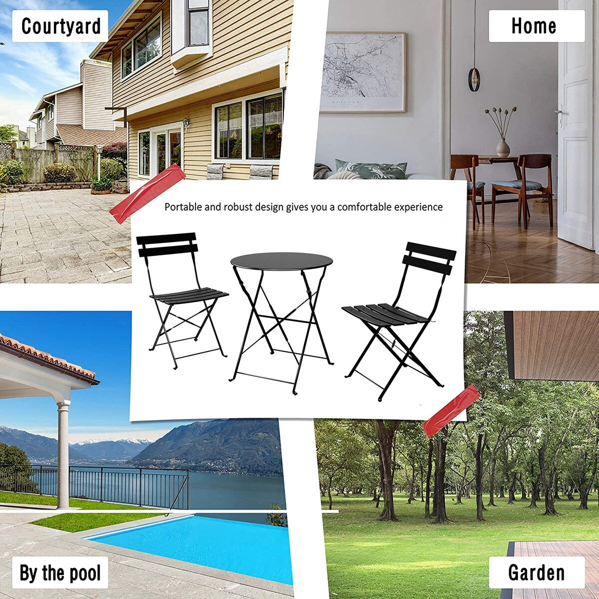 Ensemble bistrot pliant en métal 3 pièces, résistant aux intempéries, pour l'extérieur et l'intérieur, idéal pour la terrasse, la cour et le jardin.