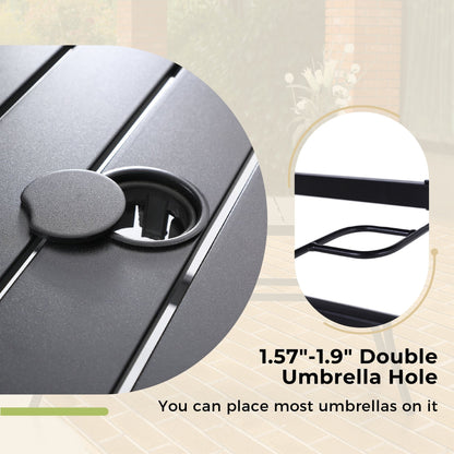 Ensemble de salle à manger de patio 6 pièces MAISON ARTS avec parasol à inclinaison automatique à 3 niveaux de 10 pieds : 4 chaises d'extérieur en métal et 1 table à manger carrée en métal