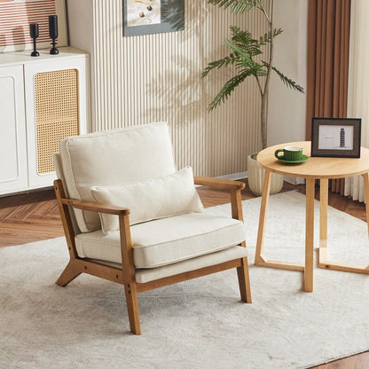 Fauteuil d'appoint rembourré en lin mélangé avec pieds en bois et un coussin beige
