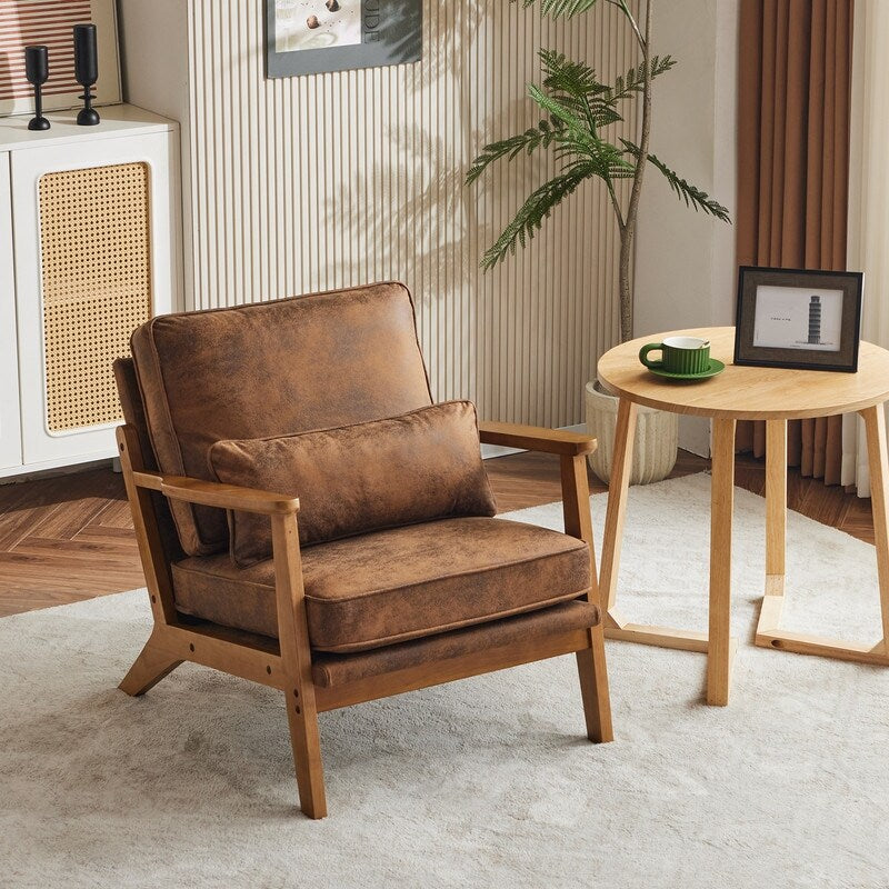 Fauteuil d'appoint rembourré en lin mélangé avec pieds en bois et un coussin beige