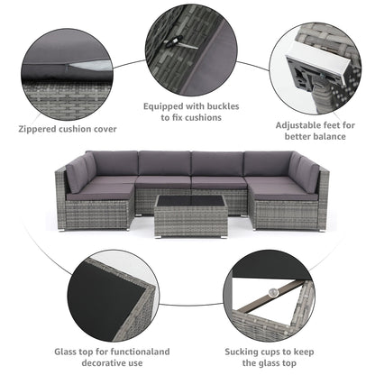 Ensemble de canapés d'extérieur sectionnels rembourrés en osier et acier, 7 pièces